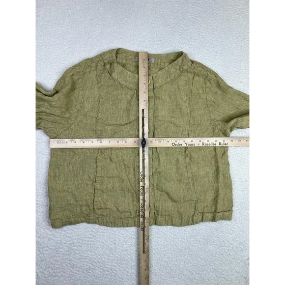 FLAX Blouse Womens Medium Green Linen Cropped Button Front Long Sleeve Top - Picture 7 of 8